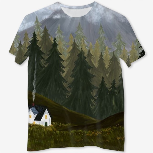 Футболка с полной запечаткой «Ночь в горах. Пейзаж с уютным домиком и горами.»