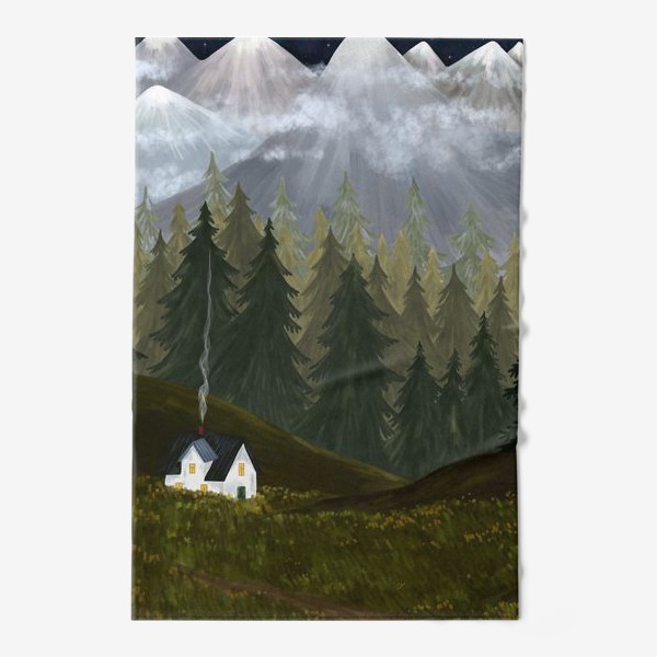 Полотенце «Ночь в горах. Пейзаж с уютным домиком и горами.»
