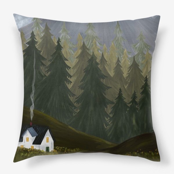 Подушка «Ночь в горах. Пейзаж с уютным домиком и горами.»