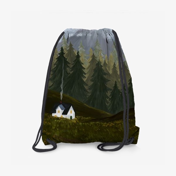 Рюкзак «Ночь в горах. Пейзаж с уютным домиком и горами.»