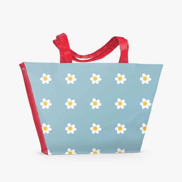 Пляжная сумка «Ромашки. Ретро узор с полевыми цветами на голубом фоне»