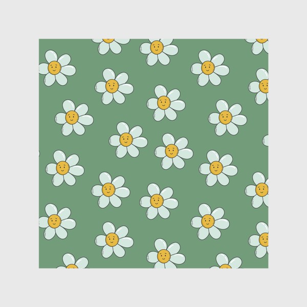 Скатерть «Ромашки. Ретро узор с полевыми цветами на зеленом фоне»