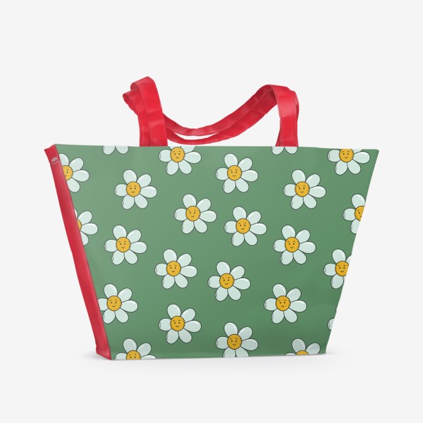 Пляжная сумка &laquo;Ромашки. Ретро узор с полевыми цветами на зеленом фоне&raquo;