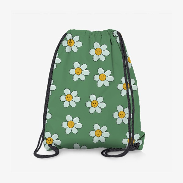 Рюкзак «Ромашки. Ретро узор с полевыми цветами на зеленом фоне»