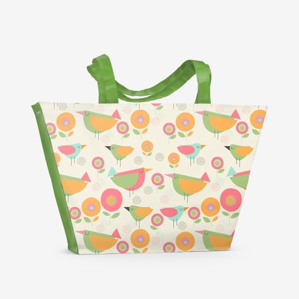 Пляжная сумка «Паттерн с разноцветными птицами.Птички и цветы.»
