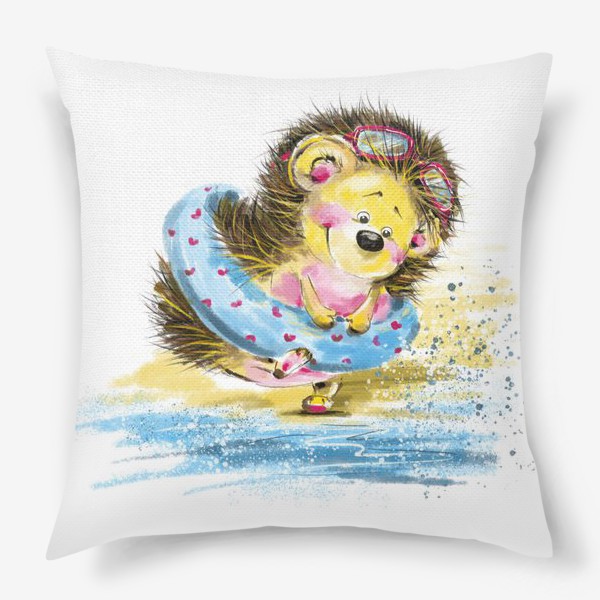 Подушка «Милый и веселый ёжик с плавательным кругом около воды. Забавная и милая иллюстрация»