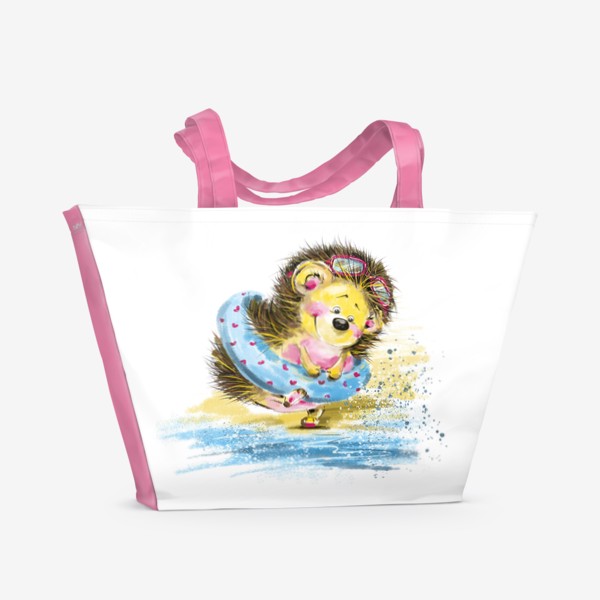 Пляжная сумка «Милый и веселый ёжик с плавательным кругом около воды. Забавная и милая иллюстрация»
