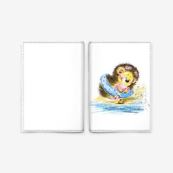 Обложка для паспорта «Милый и веселый ёжик с плавательным кругом около воды. Забавная и милая иллюстрация»