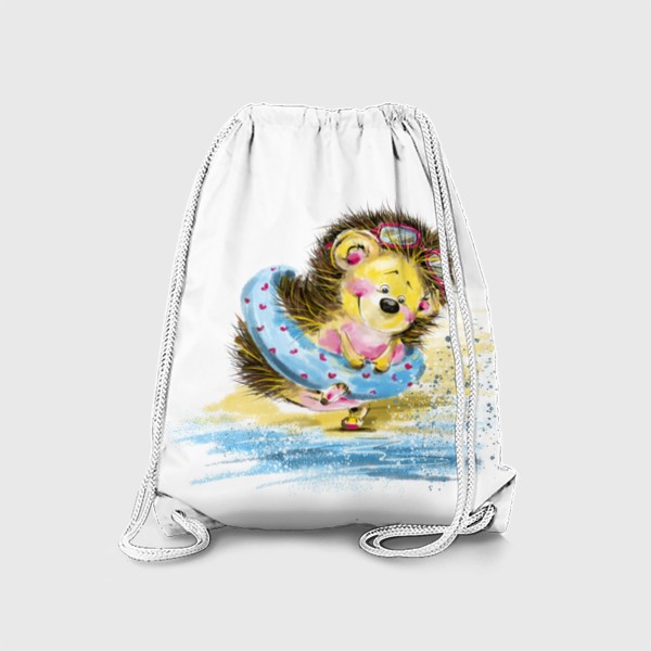 Рюкзак «Милый и веселый ёжик с плавательным кругом около воды. Забавная и милая иллюстрация»