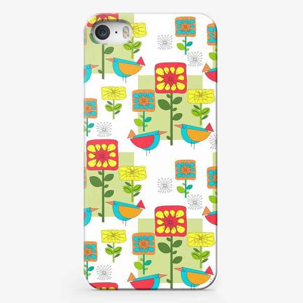 Чехол iPhone «Бесшовный паттерн с абстрактными цветами и птицами.»