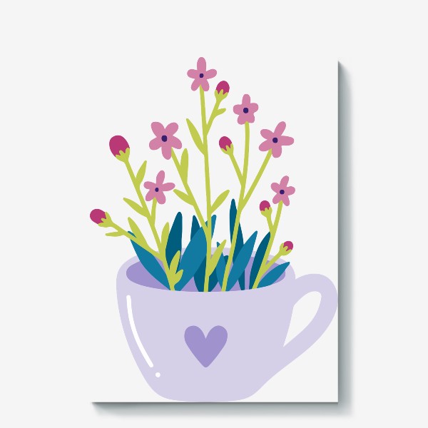 Холст «Иллюстрация сиреневая чашка с розовыми цветами»