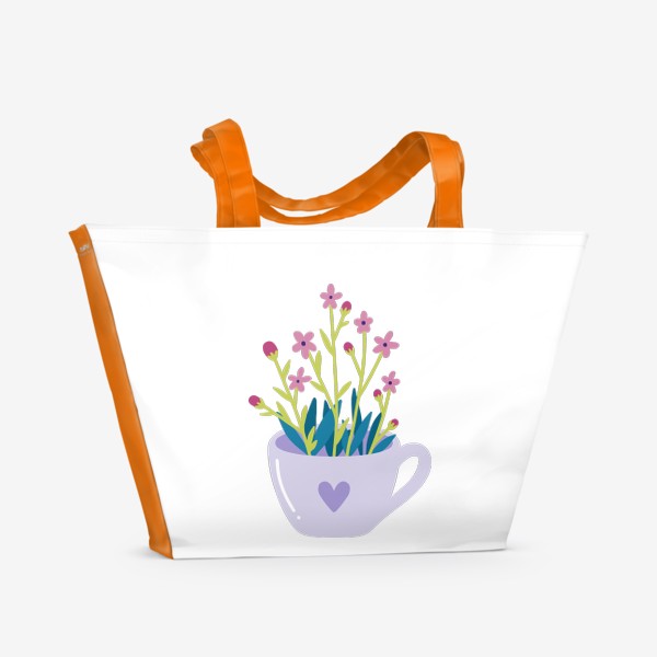Пляжная сумка «Иллюстрация сиреневая чашка с розовыми цветами»