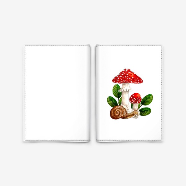 Обложка для паспорта «Мухоморы и улитка в листьях - маркеры, акварель»