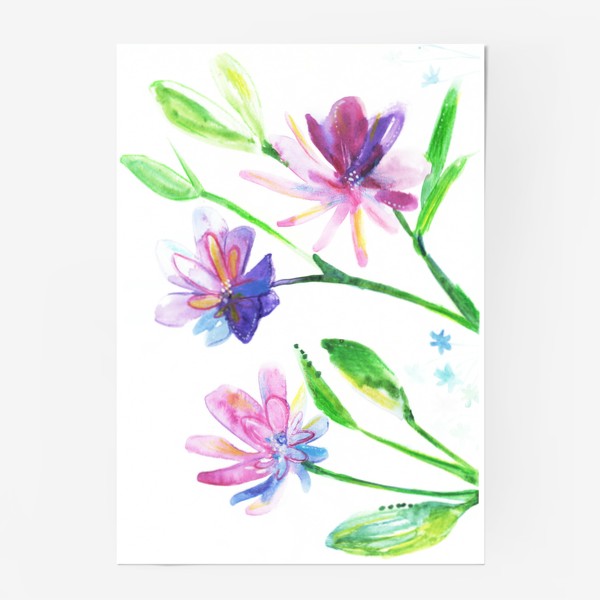 Постер «Акварель живопись пурпурные цветы. Живопись акварелью фиолетовые цветы.»