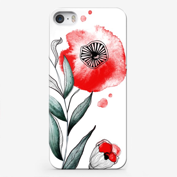 Чехол iPhone «Акварельные красные цветы и чёрный линер»