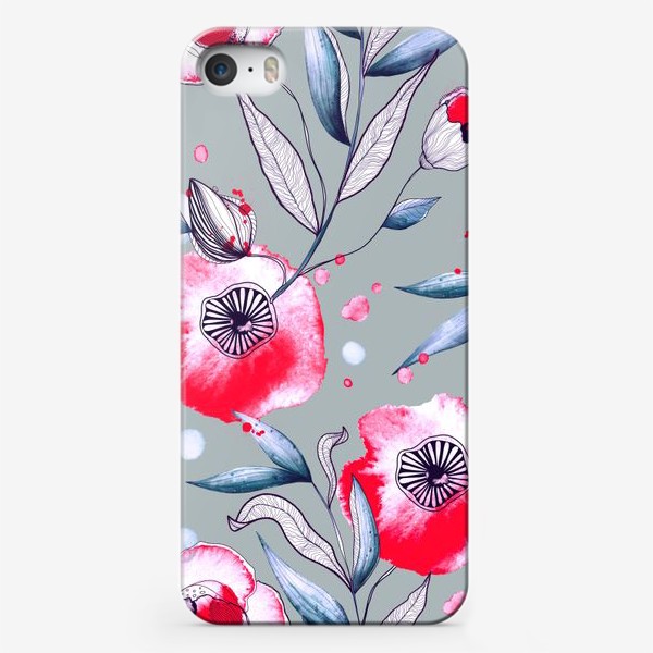 Чехол iPhone «Акварельные красные цветы. Паттерн на сером фоне»