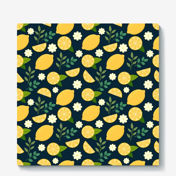 Холст «Паттерн лимоны с цветами и листьями на темном фоне»