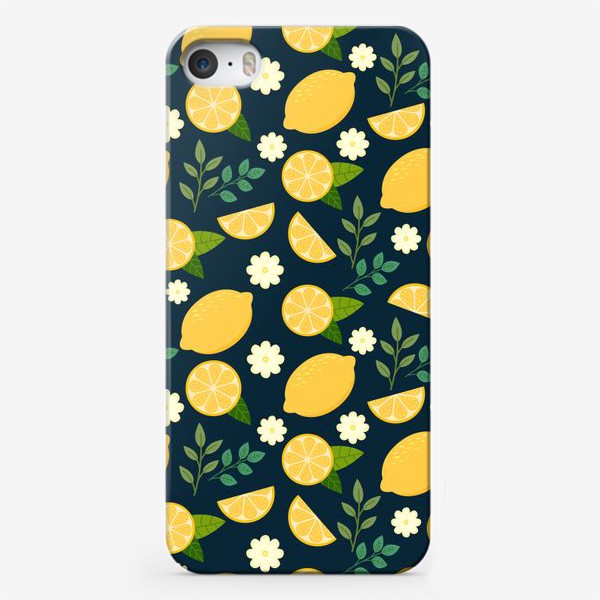 Чехол iPhone «Паттерн лимоны с цветами и листьями на темном фоне»