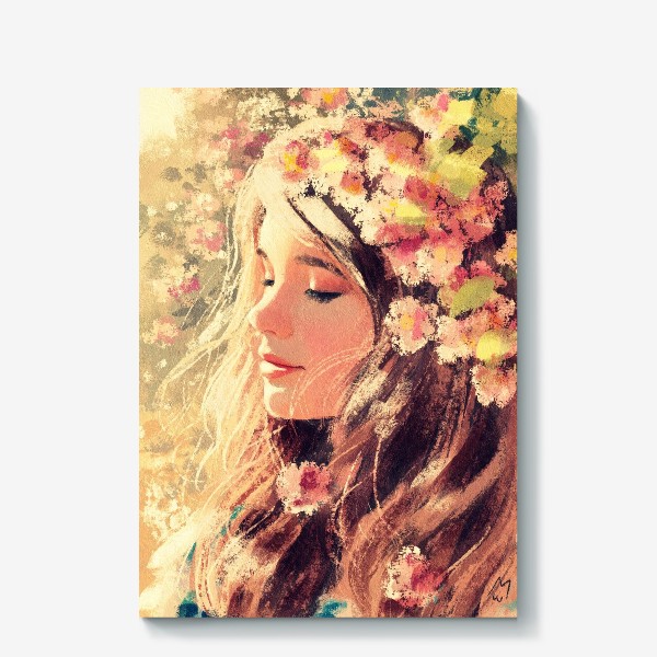 Холст «Девушка с цветами, красивый весенний/летний солнечный принт, жизнерадостный портрет для хорошего настроения»