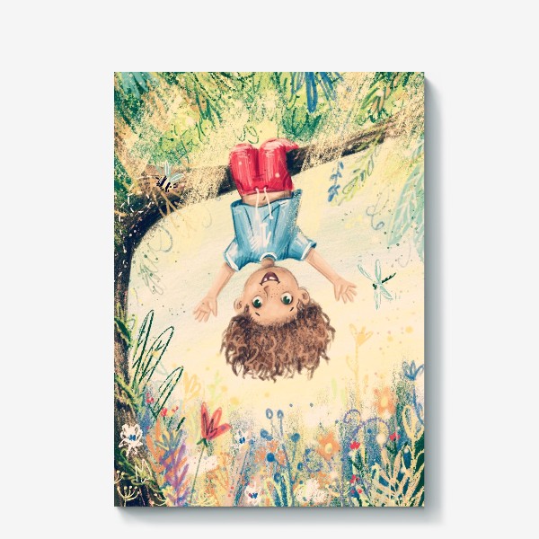 Холст «Детский яркий пастельный (карандашный) принт с веселым мальчиком и растениями»