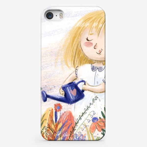 Чехол iPhone «Милый летний принт - иллюстрация карандашом, маленькая веселая девочка с лейкой поливает цветы»