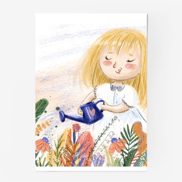 Постер «Милый летний принт - иллюстрация карандашом, маленькая веселая девочка с лейкой поливает цветы»