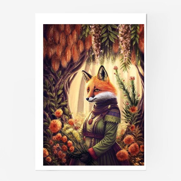 Постер «Лиса-травница с букетом цветов и трав в лесу, принт в стиле анималистика, осенние благородные цвета, приглушенные тона»