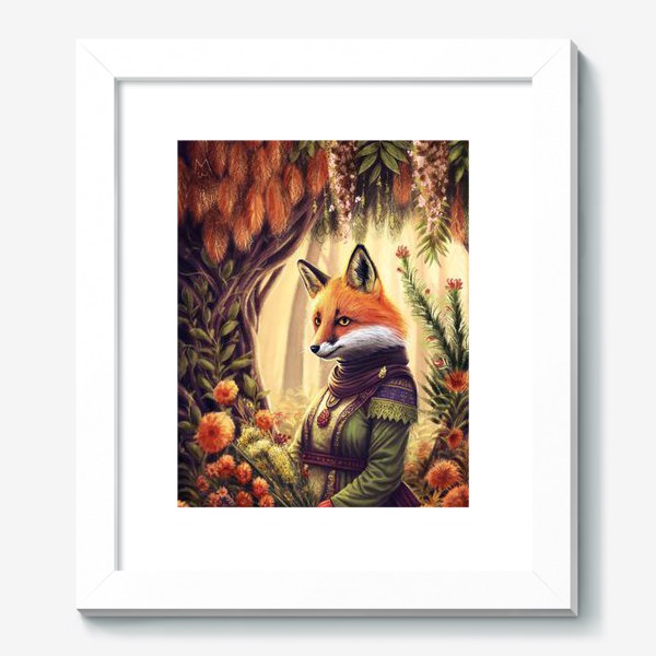 Картина «Лиса-травница с букетом цветов и трав в лесу, принт в стиле анималистика, осенние благородные цвета, приглушенные тона»