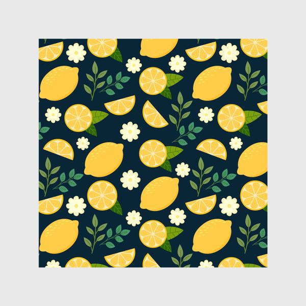 Шторы «Паттерн лимоны с цветами и листьями на темном фоне»