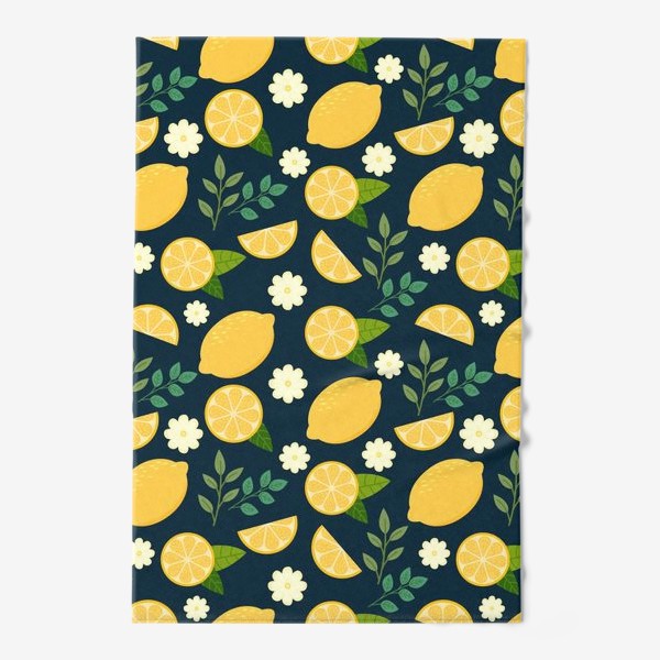 Полотенце «Паттерн лимоны с цветами и листьями на темном фоне»