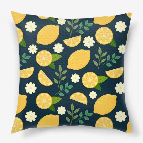 Подушка «Паттерн лимоны с цветами и листьями на темном фоне»