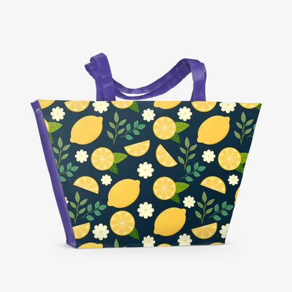 Пляжная сумка «Паттерн лимоны с цветами и листьями на темном фоне»