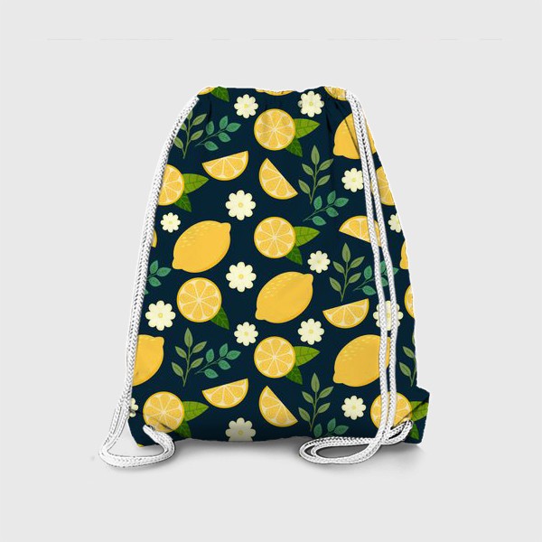 Рюкзак «Паттерн лимоны с цветами и листьями на темном фоне»