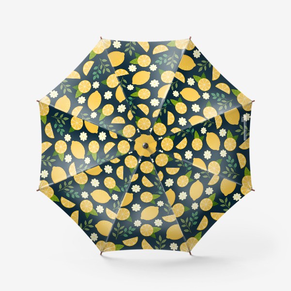 Зонт «Паттерн лимоны с цветами и листьями на темном фоне»