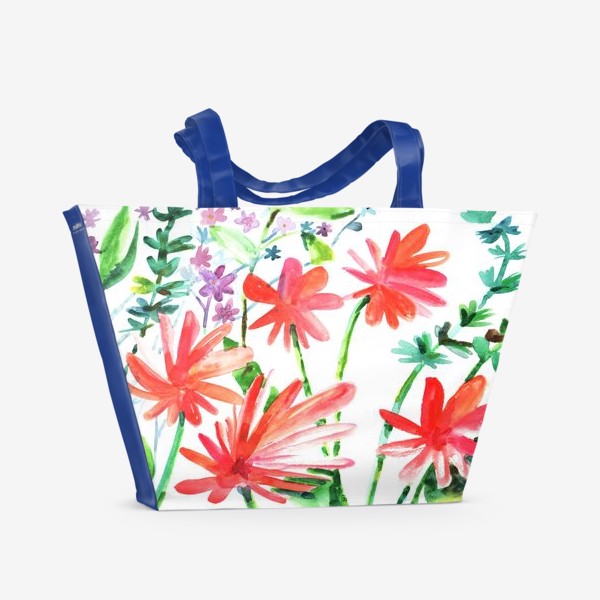 Пляжная сумка «Яркие красные цветы акварелью. Живопись акварель цветочная тема. Акварельный скетч цветы»