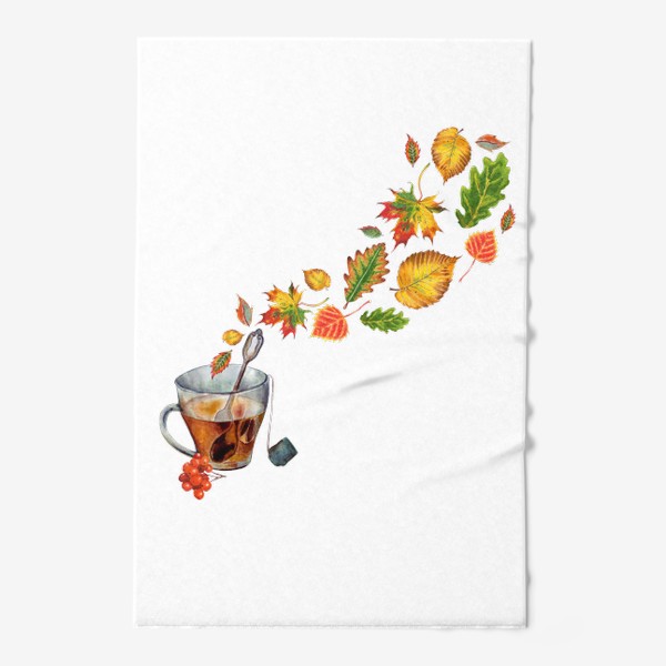 Полотенце «Чашка чая с паром из листьев акварель»