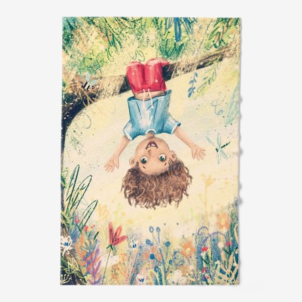 Полотенце «Детский яркий пастельный (карандашный) принт с веселым мальчиком и растениями»