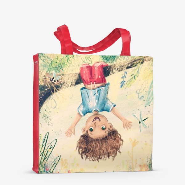 Сумка-шоппер «Детский яркий пастельный (карандашный) принт с веселым мальчиком и растениями»