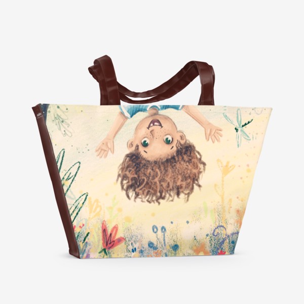 Пляжная сумка «Детский яркий пастельный (карандашный) принт с веселым мальчиком и растениями»