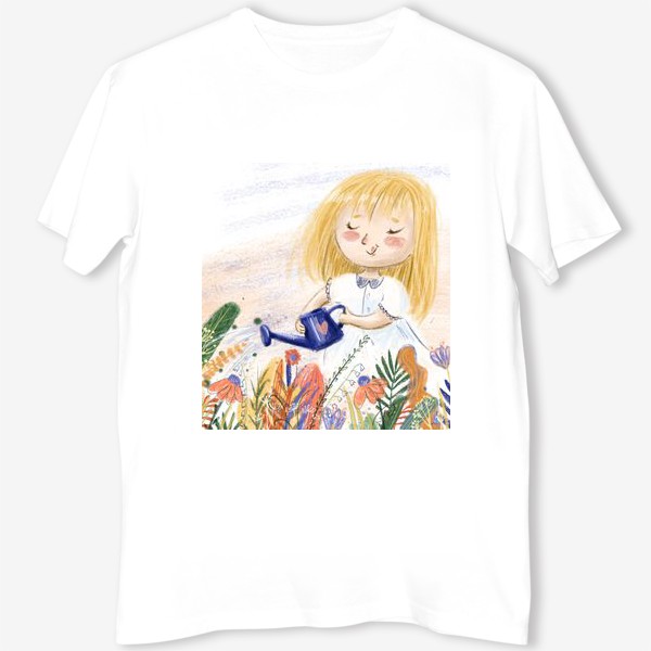 Футболка «Милый летний принт - иллюстрация карандашом, маленькая веселая девочка с лейкой поливает цветы»