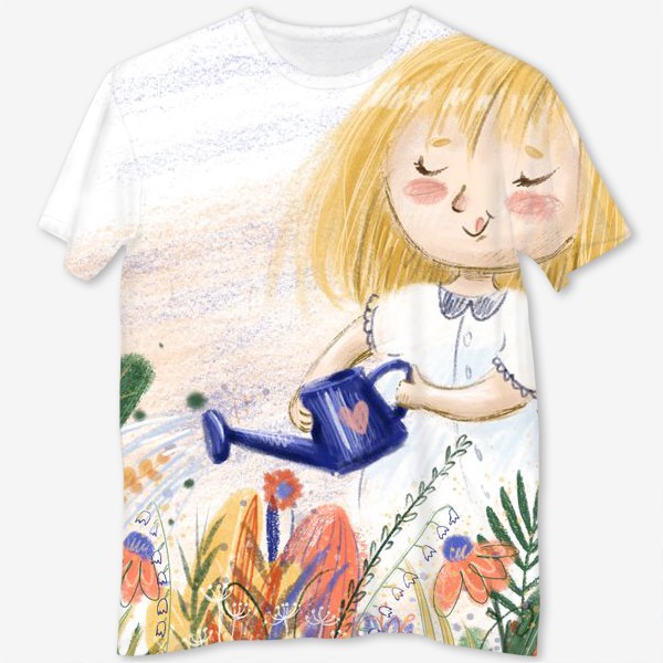 Футболка с полной запечаткой «Милый летний принт - иллюстрация карандашом, маленькая веселая девочка с лейкой поливает цветы»