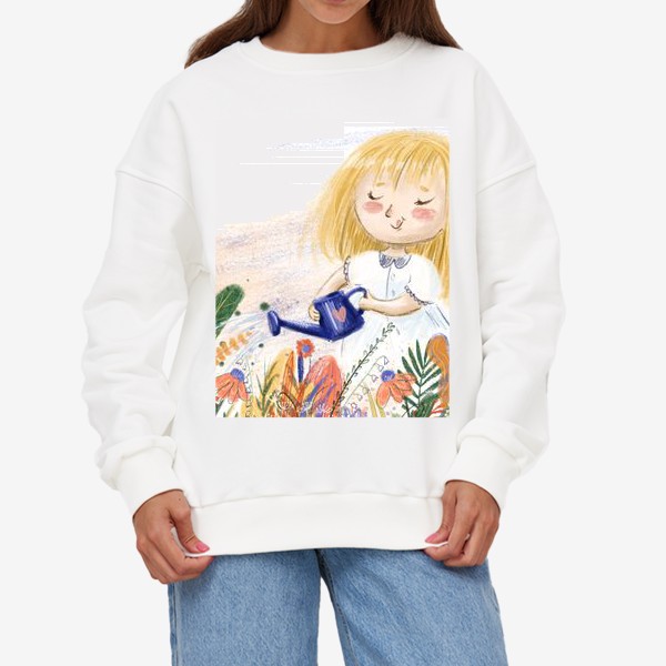 Свитшот «Милый летний принт - иллюстрация карандашом, маленькая веселая девочка с лейкой поливает цветы»