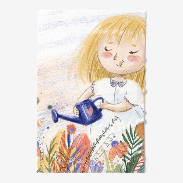 Полотенце «Милый летний принт - иллюстрация карандашом, маленькая веселая девочка с лейкой поливает цветы»