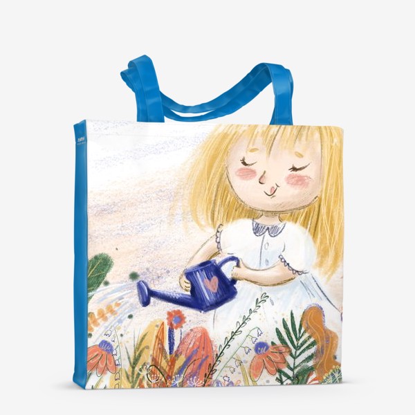Сумка-шоппер «Милый летний принт - иллюстрация карандашом, маленькая веселая девочка с лейкой поливает цветы»
