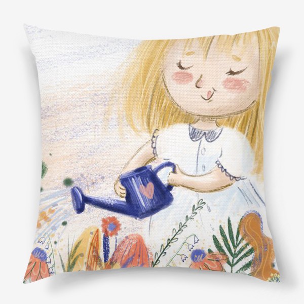 Подушка «Милый летний принт - иллюстрация карандашом, маленькая веселая девочка с лейкой поливает цветы»