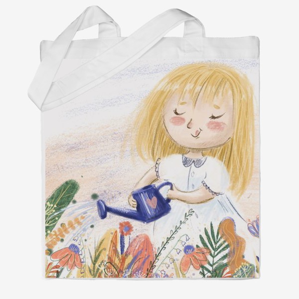 Сумка хб «Милый летний принт - иллюстрация карандашом, маленькая веселая девочка с лейкой поливает цветы»