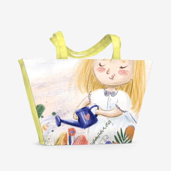 Пляжная сумка «Милый летний принт - иллюстрация карандашом, маленькая веселая девочка с лейкой поливает цветы»