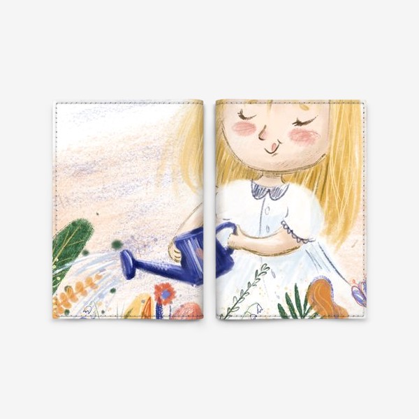 Обложка для паспорта «Милый летний принт - иллюстрация карандашом, маленькая веселая девочка с лейкой поливает цветы»