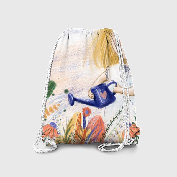Рюкзак «Милый летний принт - иллюстрация карандашом, маленькая веселая девочка с лейкой поливает цветы»