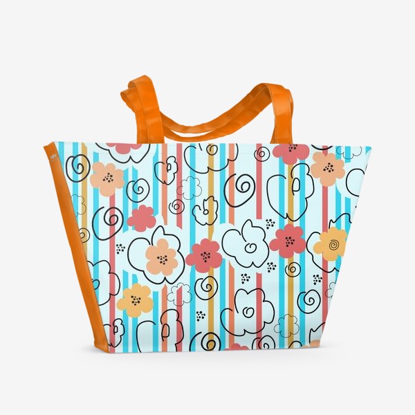 Пляжная сумка «Абстрактный полосатый паттерн с цветами. Абстрактные цветы.»